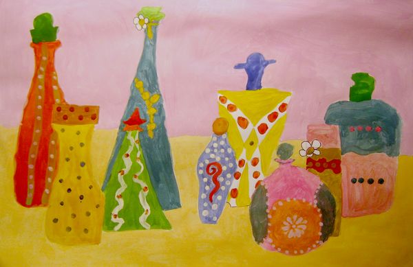 Art Studio PALETTE. Aleksandra Malisheva Picture.  Tempera Still Life Bottles 